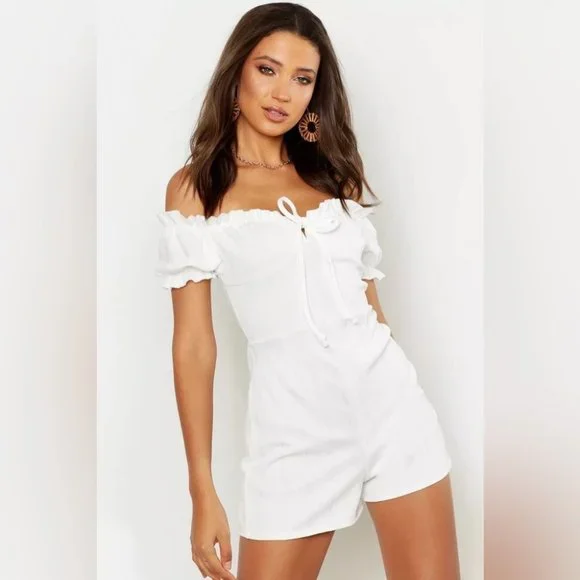 BOOHOO white off shoulder ruffle romper - Picture 1 of 5